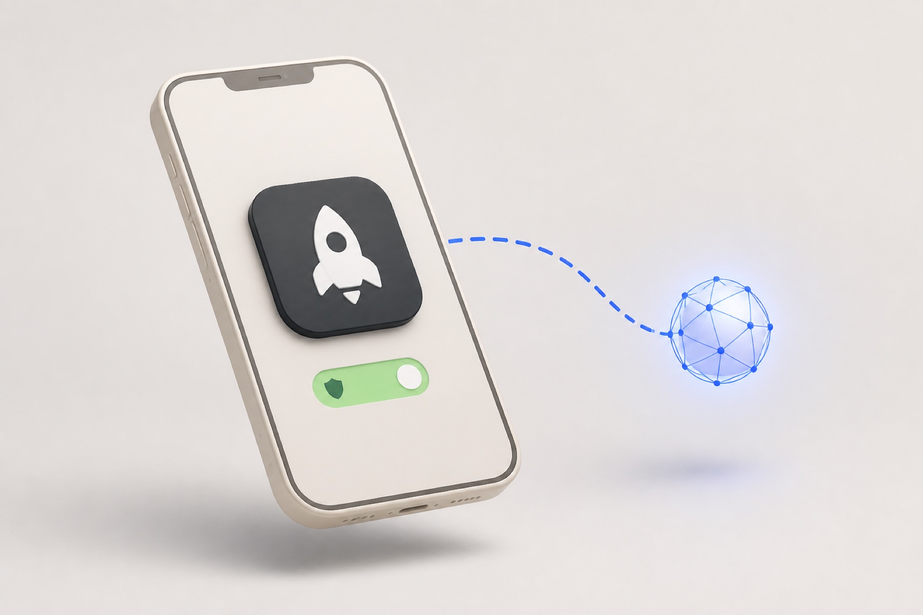 Shadowrocket 클라이언트 스케치. iPhone의 로켓 아이콘이 직접 준비한 노드로 이어짐